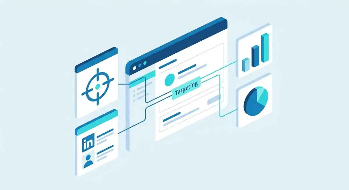 Diagrama isométrico com ícone de mira conectado a perfil do LinkedIn e fluxo para gráficos de resultado, representando segmentação e targeting em campanhas B2B.