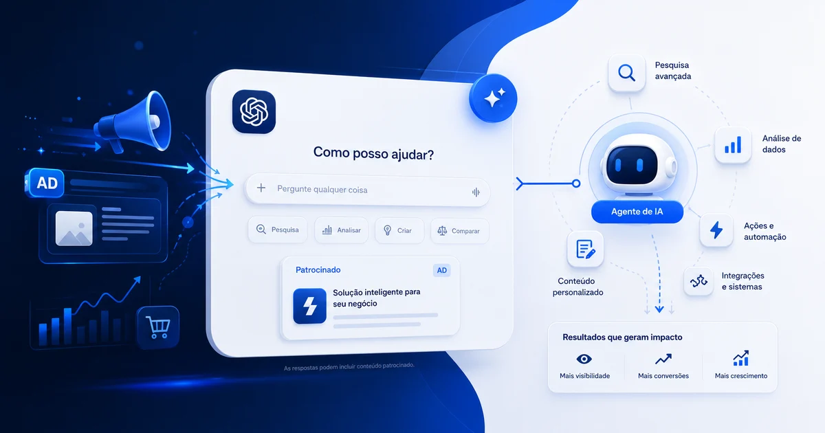 Interface conceitual da Staut Marketing sobre anúncios no ChatGPT que iniciam uma conversa com um agente de IA de uma empresa.