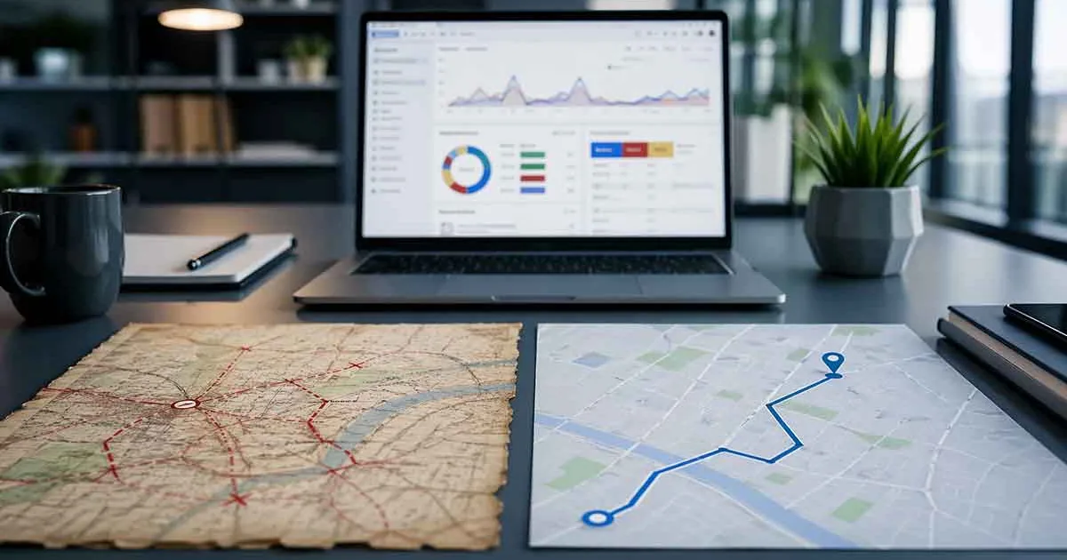 Dois mapas lado a lado sobre mesa com laptop ao fundo mostrando dashboard analítico, representando a comparação entre janelas de atribuição de 7 e 30 dias no Google Ads.