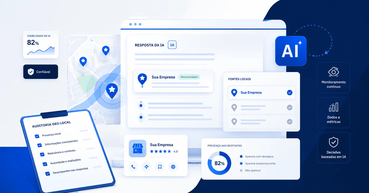 Arte da Staut Marketing sobre auditoria GEO local e presença de empresas em respostas com IA.
