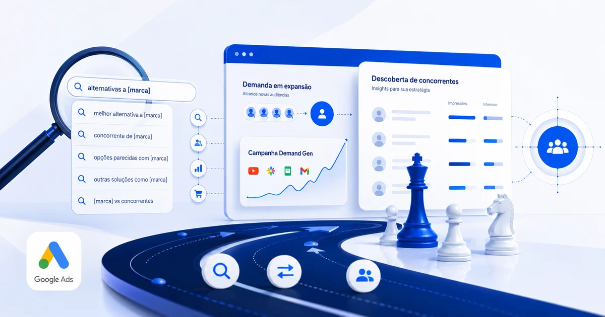 Arte da Staut Marketing sobre Demand Gen, concorrentes e buscas por alternativas no Google Ads.
