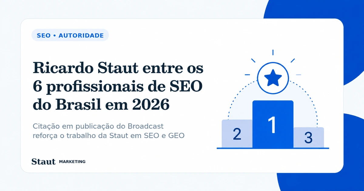 Arte da Staut Marketing sobre Ricardo Staut entre os 6 profissionais de SEO do Brasil em 2026.