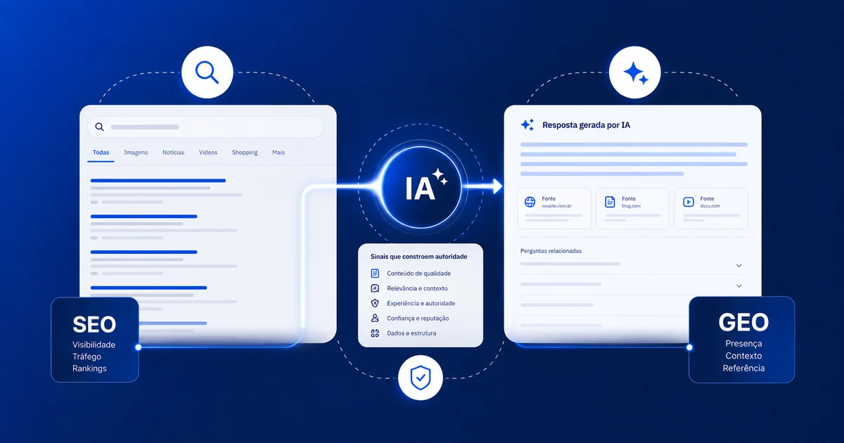 Arte da Staut Marketing comparando SEO e GEO na busca com inteligência artificial.