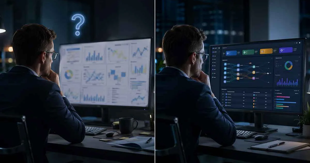 Profissional em frente a dois monitores comparando dashboard confuso à esquerda com painel de atribuição estruturado à direita, representando a diferença entre tracking desorganizado e UTM bem configurado no CRM B2B.