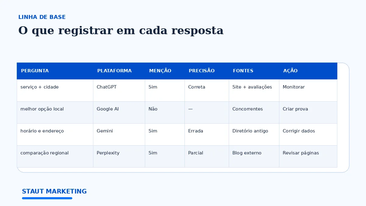 Exemplo visual de planilha para acompanhar menções, precisão, fontes e concorrentes em uma auditoria GEO local.