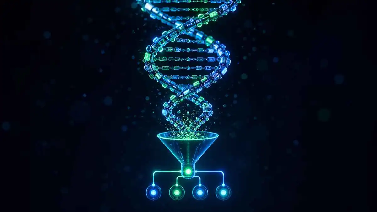 Hélice de DNA digital luminosa despejando dados estruturados em um funil conectado a nós de CRM, representando a estrutura de UTMs fluindo para qualificação de leads.